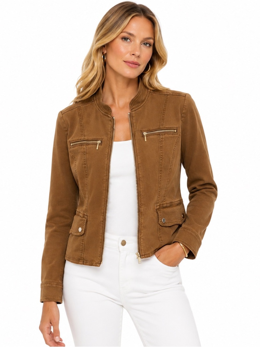 WHBM Brown Moto Utility Jacket Sz 6 Peplum Zip Stretch Western Boho